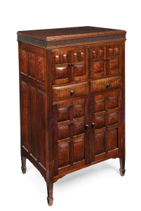 An Australian gramophone cabinet, superbly crafted with unusual cushion fiddleback blackwood paneling, Melbourne, Victoria origin, circa 1925, 133 cm high, 80cm wide, 57cm deep