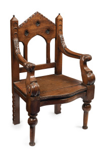 A Colonial Gothic Pugin style carved cedar throne chair, Sydney, New South Wales origin, circa 1845, 117cm high, 71cm wide, 59.5cm deep