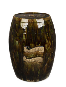 BENDIGO POTTERY cordial barrel made for "J. J. TRAIT, GEELONG" with mottled majolica glaze, 19th century. Rare. 45cm high, 33cm diameter