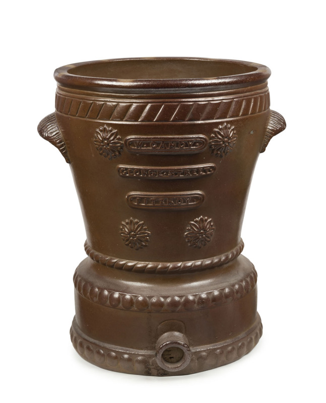 BENDIGO POTTERY stoneware water filter, emblazoned "W. Candy, George Street, Fitzroy", 19th century, 46cm high, 39cm wide