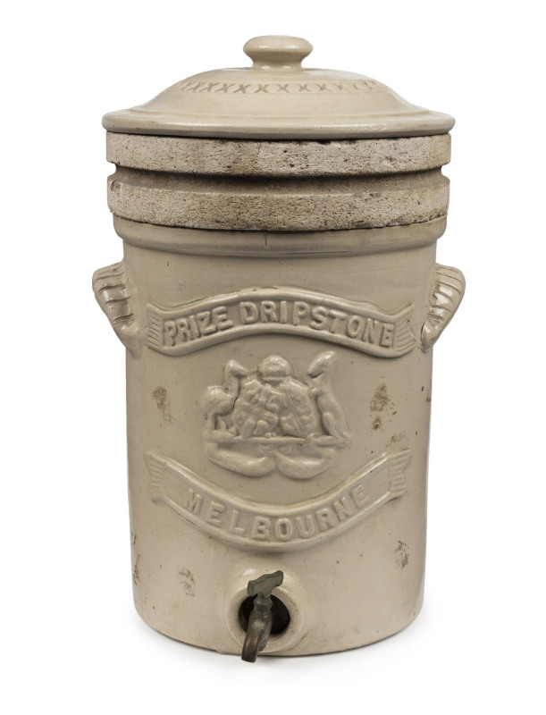 BENDIGO POTTERY stoneware water filter, emblazoned "Prize Dripstone, Melbourne" with embossed coat of arms, 19th century, ​with original stone filter, 37cm high, 25cm wide