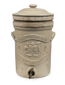 BENDIGO POTTERY stoneware water filter, emblazoned "Prize Dripstone, Melbourne" with embossed coat of arms, 19th century, with original stone filter, 37cm high, 25cm wide