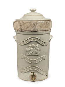 BENDIGO POTTERY stoneware water filter, emblazoned "Prize Dripstone Filter, Melbourne" with embossed coat of arms, 19th century, with original stone filter, 52cm high, 34cm wide