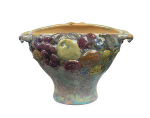 UNA DEERBON two handled pottery vase with fruit decoration, incised "Deerbon", 16cm high, 24cm wide