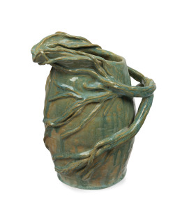 ALICE LEWIS Australian pottery jug with applied windswept branch decoration and handle, incised signature to base, 22cm high, 18cm wide
