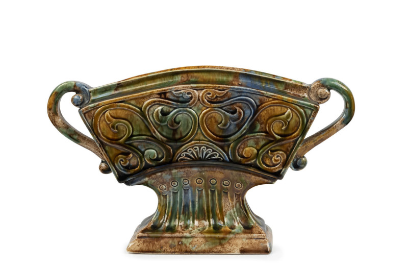 MARGARET McLEAN Harvey School two handled pottery vase with mottled glaze, incised "M. L. McLean, 21-1-38", 17cm high, 28cm wide
