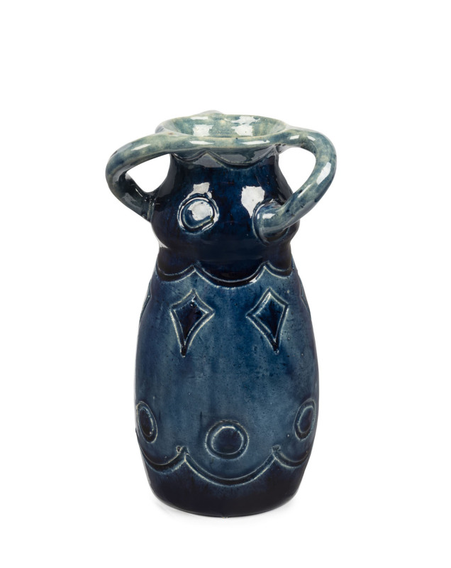 HARVEY SCHOOL three handled blue glazed pottery vase with incised decoration, 20cm high