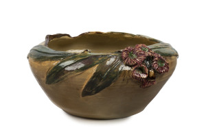 PEGGY WHITING pottery bowl with applied gum blossoms and leaves, incised "Peggy Whiting '34", ​10cm high, 20cm wide