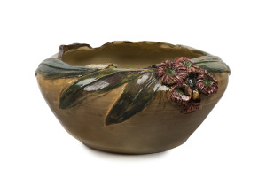 PEGGY WHITING pottery bowl with applied gum blossoms and leaves, incised "Peggy Whiting '34", 10cm high, 20cm wide