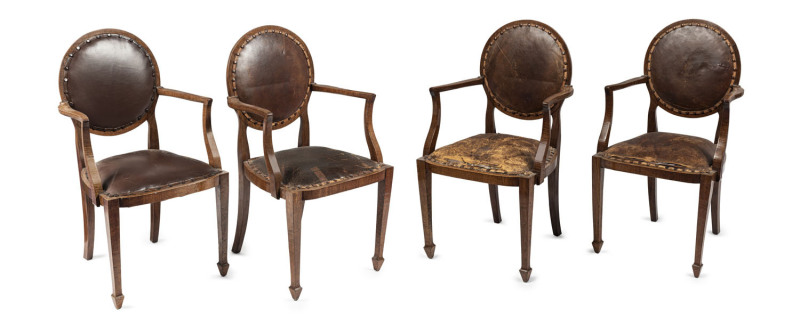 W.H. ROCKE & Co. (attributed) set of four Australian carver chairs, solid fiddleback blackwood with brown leather upholstery and square tapering legs, Melbourne origin, early 20th century, 56cm across the arms