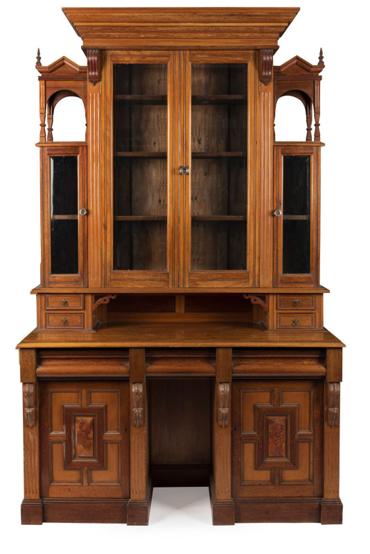 An antique Australian parlour bookcase, cedar and huon pine, late 19th century, 255cm high, 158cm wide, 58cm deep