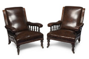 MELBOURNE CLUB pair of armchairs, mahogany and brown leatherette, late 19th century, 75cm across the arms