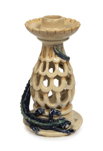 MARGUERITE MAHOOD pierced pottery candlestick with applied dragon decoration, incised "Marguerite Mahood, C67B", 15cm high