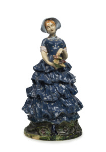 MARGUERITE MAHOOD pottery statue of a lady in a blue dress, incised "Marguerite Mahood", 28cm high