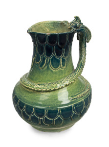 MARGUERITE MAHOOD pottery dragon vase with blue and green colourway, incised "Marguerite Mahood, MM, CO496", 18cm high