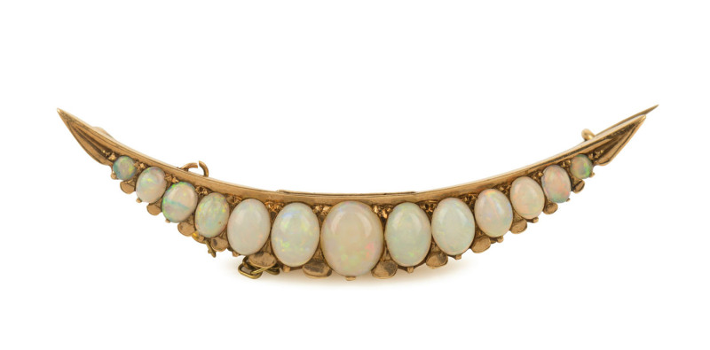 An antique 15ct gold crescent brooch set with 13 graduated solid cabochon opals, early 20th century, stamped "McMASTER, 15c", ​5.5cm long, 6.5 grams total