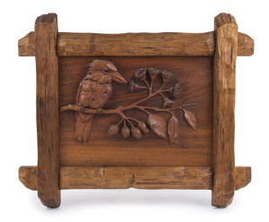 ROBERT PRENZEL "Kookaburra" carved timber panel in original carved framed, early 20th century, 61 x 72cm