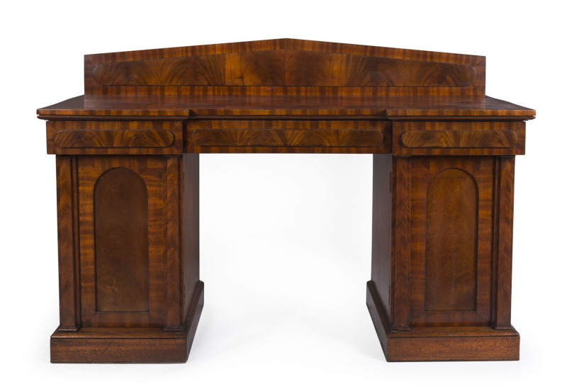 WILLIAM HAMILTON (attributed), early Colonial cedar sideboard, twin pedestal with palladium back, doors attractively cross banded with tapering feather banded pilasters, Tasmanian origin, circa 1835. 119cm high, 177cm wide, 62cm deep