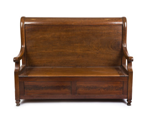 MELBOURNE CLUB: An antique Australian blackwood hall seat settle, Melbourne, Victorian origin, 19th century, 110cm high, 145cm long, 55cm deep