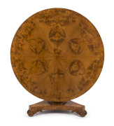 A stunning and rare Colonial huon pine breakfast table with radially veneered circular top, cross banded in huon pine, hexagonal tapering column, tri-form base, scrolling feet with inset brass castors, Tasmanian origin, circa 1835. 75cm high, 127cm diamet - 2