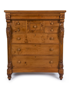 An impressive huon pine chest of 8 drawers with full length carved corbels, Melbourne, Victorian origin, circa 1885, 144cm high, 121cm wide, 59cm deep