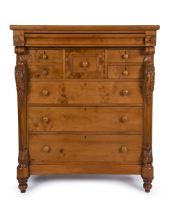 An impressive huon pine chest of 8 drawers with full length carved corbels, Melbourne, Victorian origin, circa 1885, ​144cm high, 121cm wide, 59cm deep