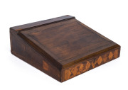 An antique Colonial writing slope box, blackwood, huon pine, tulip wood, cedar, pine and fiddleback blackwood, Tasmanian origin, 19th century, 16.5cm high, 45.5cm wide, 46cm deep