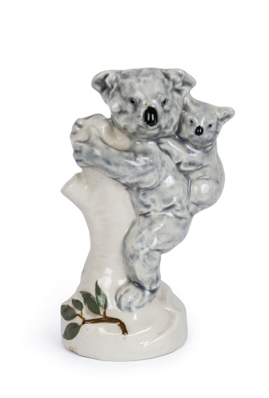 ELISCHER porcelain koalas on tree stump statue, 24cm high