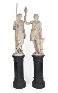 A. PERUGIA & SON pair of antique terracotta architectural statues on column pedestals, 19th century, incised "A. PERUGIA & SON, MELBOURNE", 217cm high overall