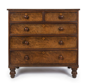 A stunning and early Colonial chest of drawers, full cedar construction with rare Greek key inlay top and drawer fronts, plus inlaid wooden escutcheons. Sydney, New South Wales origin, circa 1825. This piece is obviously a Sheraton inspired design with the use of fine inlay work. This technique had all but vanished in Australian cabinet making by the late 1830s. 111cm high, 111cm wide, 53cm deep. Provenance: Sotheby's Sydney, November 13, 1989