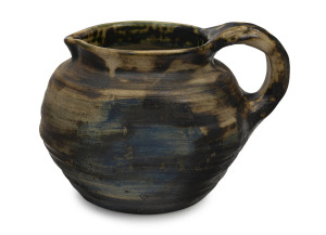 PHILIPPA JAMES impressive pottery jug with whimsical hand-painted landscape decoration, incised "Philippa James" 16cm high, 22cm wide