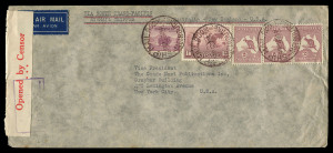 AUSTRALIA: Postal History: 1940-41 airmail covers to USA comprising 1940 (Mar.19) at 4/8d Australia-Pacific route via Hong Kong (backstamp), 1941 4/- clipper rate censored covers via NZ (4) incl. American Consulate General (Sydney) covers with signed certifications (2), plus 7/11d double-rate clipper covers (2) one signed with boxed 'OFFICIAL/BUSINESS' handstamp; the signed certified covers all ex Franklin D Roosevelt Collection with small sections excised from the reverse. Ex Perry (7 items).