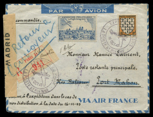 FRANCE - Aerophilately & Flight Covers: AVIATION EXHIBITIONS: 1909-43 collection on album pages incl. 1909 First Aviation Exhibition PC inscribed "Grande Semaine D'aviation (Premiere Journee)" with 5c tied by 'BETHENY-AVIATION/MARNE/27-8/09' hexagonal datestamp; 1922 flown cover Paris-Rabat (Morocco) with Guynemer vignette tied by 'PAR AVION' handstamp; 1923 Montpelier, 1923 Rouen & 1924 Aviation Meeting covers all with complete semi-postal sets of 6 tied by appropriate datestamps;1924 airmail c