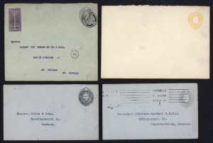 GREAT BRITAIN: Postal Stationery: Envelopes PTPO: 1902-03 KEVII 1½d yellow Huggins & Baker ES32 unused (2) and used to Canada with Montreal arrival back stamp, also 2½d grey-blue ES34a used (8), six to Germany, one to Holland and one to Belgium with Price