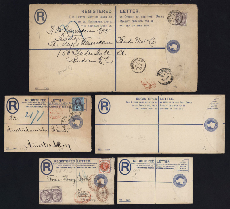 GREAT BRITAIN: Postal Stationery: Registration Envelopes: 1895 QV 2d issue '£5 to £50' compensation table (H. & B. RP21) comprising size F (3 used, 3 unused), Size G (3 used, 2 unused) incl used to Amsterdam, size H2 (2 unused) and size K used (from Bushm