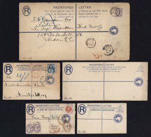 GREAT BRITAIN: Postal Stationery: Registration Envelopes: 1895 QV 2d issue '£5 to £50' compensation table (H. & B. RP21) comprising size F (3 used, 3 unused), Size G (3 used, 2 unused) incl used to Amsterdam, size H2 (2 unused) and size K used (from Bushmills, Northern Ireland to London) and unused; mostly fine (15 items)