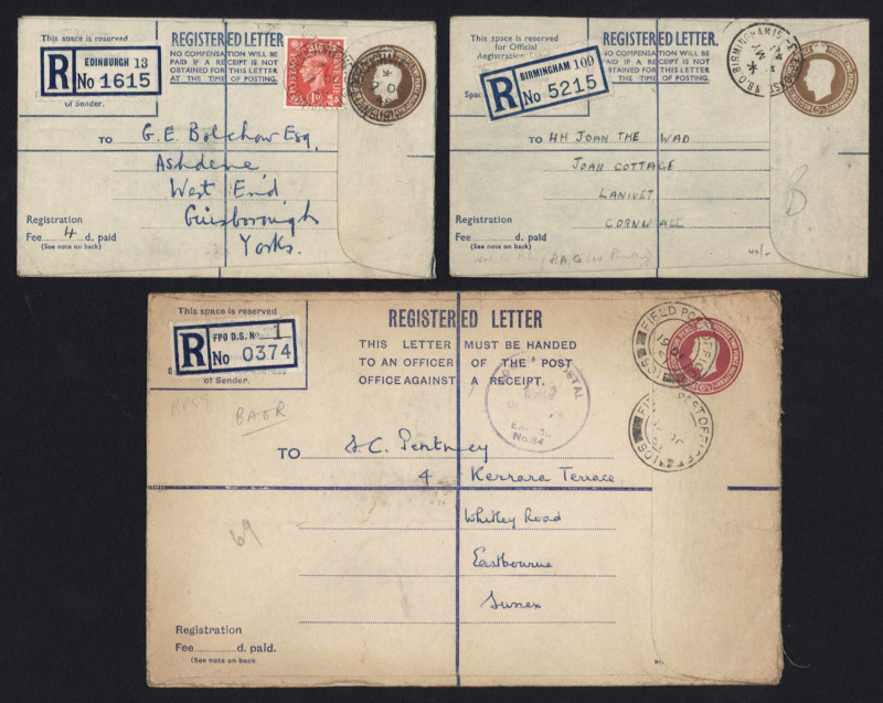 Registration Envelopes: 1947-49 KGVI 5½d issues comprising 1947 (H.& B. RP63) size G (2 used) size K (unused) & size F with blue lining RP64 (2 used), 1949 RP66 size K unused & used & RP67 with 1d stamp added to outdated stock (4 used, one with 1d pair ad