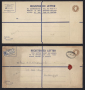 Registration Envelopes: 1947-49 KGVI 5½d issues comprising 1947 (H.& B. RP63) size G (2 used) size K (unused) & size F with blue lining RP64 (2 used), 1949 RP66 size K unused & used & RP67 with 1d stamp added to outdated stock (4 used, one with 1d pair ad - 2