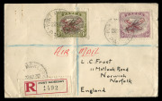 PAPUA: 1930 (SG.117) 1/- AIR MAIL Aeroplane (Harrison Printing IN DEEP CARMINE), on 1930 Port Moresby registered cover to England; included for comparison is an Ash printing 1/- on cover with the normal carmine overprint. [Only ten sheets of 40 with deep