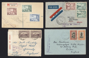 PAPUA - Postal History: 1939-42 civil censor covers: 1939 (Sept. 6) registered to Col. M Bowes-Lyon (Queen Mother's brother) with Lee Type C6 boxed censor h/s; three other 1939-40 covers (2 reg'd) all with type C6 boxed censor h/s (2 showing deterioration to the handstamp, with 'PASSED' partially worn away), all with printed initials "NR" separately handstamped within; 1941 cover with Lee type C7 h/s and 1942 military censor unstamped cover with blue/white censor label & 'FIELD P.O./0139' and '(