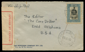 PAPUA - Postal History: 1940 (July 28) commercial cover from Australian Petroleum Company sent surface mail to Oklahoma with 3d Dandy tied by PORT MORESBY '28JL40' datestamp, 'OPENED BY CENSOR' rouletted red/white censor label folder over at left (Lee type C5), trivial toning.