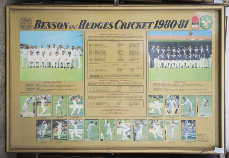 Benson & Hedges review of Australian home season framed promotional posters with some duplication, comprising 1977-78 Australia v India Test Series, 1980-81 featuring Test Series against New Zealand and India, 1981-82 featuring Test Series against West In