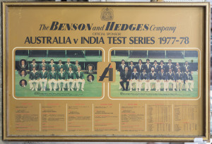 AUSTRALIA v INDIA: Benson & Hedges review of Australian home season framed promotional posters, comprising 1977-87 featuring 5-Test series won by Australia 3-2; 1980-81 featuring 3-Test drawn series; 1985-86 featuring 3-Test drawn series & tri-nation World Series Cup with Australia defeating India 2-0 in the finals; each 93 x 63cm (3)