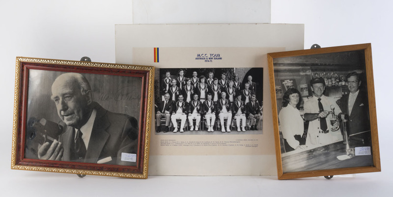 CRICKET IMAGES: comprising "M.C.C. Tour Australia & New Zealand 1974-75" official team photograph (photo. Frank Boase, Malvern, S.A.) mounted on card; framed signed image of Australian cricket broadcaster Alan McGilvray, overall 35x29cm, framed photograph