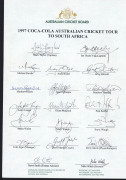 AUSTRALIA: 1980-97 collection of Team sheets, etc; all fully signed, comprising 1980 Centenary Tour publicity photograph fully signed in the large margins (Greg Chappell, Capt.), 1982 New Zealand Tour (Greg Chappell, Capt.), 1992 World Cup (Allan Border, - 5