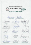 AUSTRALIA: 1980-97 collection of Team sheets, etc; all fully signed, comprising 1980 Centenary Tour publicity photograph fully signed in the large margins (Greg Chappell, Capt.), 1982 New Zealand Tour (Greg Chappell, Capt.), 1992 World Cup (Allan Border, - 7
