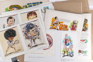 JOSEPH GREENBERG (1923 - 2007): A folio containing many examples of Greenberg's finished artwork for magazines and other publications, mostly the originals but also including several printed examples. Includes football, cricket, tennis, horse racing, etc. (qty). Various sizes.