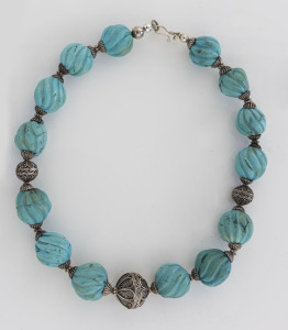 Bohemian necklace with large turned turquoise beads and filigree silver spacers, 20th century, 48cm long
