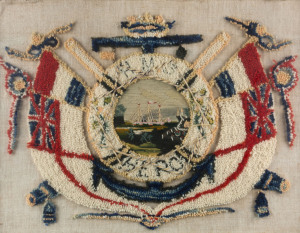 "H.M.S. HERO" Australian wool work tapestry, 19th century, 59 x 72cm overall