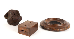 Two Australian timber money boxes and a cedar church collection plate, 19th century, (3 items), the plate 24cm diameter